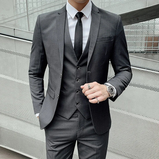 Costume (veste + gilet + pantalon) homme professionnel mode masculine slim travail couleur unie